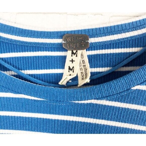 FREE‎ PEOPLE Roundabout Blue White Nautical Henley Peplum Tee Size Medium - Picture 7 of 8